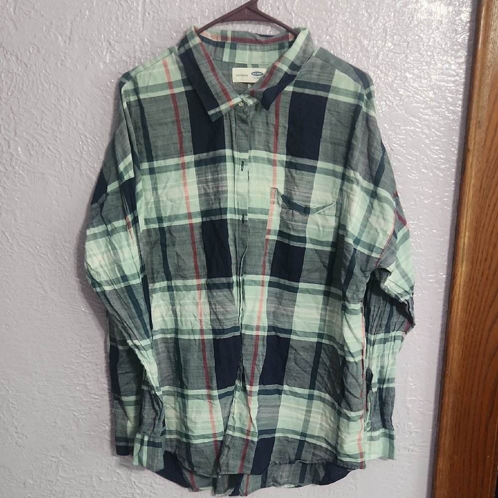 Old Navy Women's Checkered Button Down Shirt - Navy, Green, Red